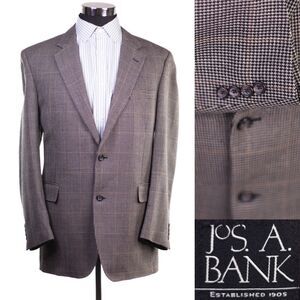JOS A BANK Brown Plaid Wool 2-Button Blazer Sport Coat Jacket 43L One Vent
